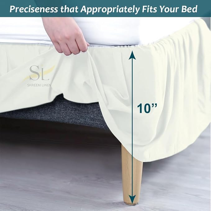 Shreem Linen Ruffled Bed Skirt with Split Corners, Gathered Style, 100% Microfiber, 10-Inch Drop, Dust Ruffle Bedskirt with Platform, King, Ivory