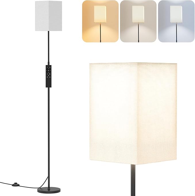63.8" Square Floor Lamp with White Fabric Shade | Dimmable with Remote and Foot Switch, 3 Color Temperatures, 9W LED Bulb Included, Ideal for Living Room, Bedroom or Office