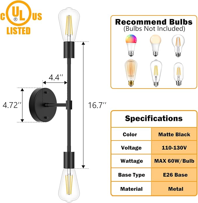 FadimiKoo 2-Light Black Bathroom Light Fixtures, Modern Wall Sconces Lighting Fixtures, Indoor Semi Flush Mount Ceiling Light for Hallway Bedroom Kitchen (2 Pack)