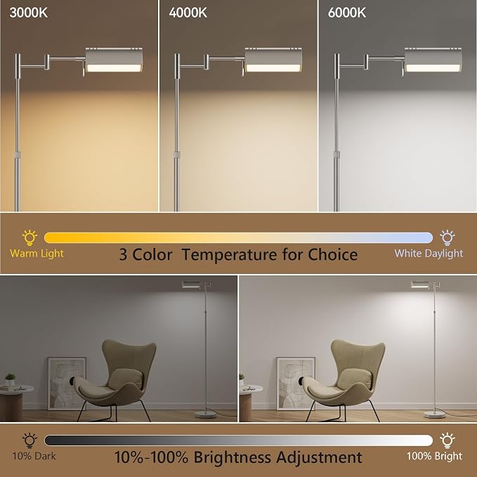 SUNMORY Dimmable LED Pharmacy Floor Lamps, 16W/1500LM Bright Reading Lamp | Remote Touch Control, 350°Swing Arm, Adjustable Height, Task Craft Tall Standing Light for Living Room Bedroom Office, Nickel