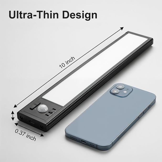 2Pack Under Cabinet Lighting Rechargeable -10" Ultra-Thin Black 3 Color Temps Super Bright, Motion Sensor, Long Lasting - Easy Installation Magnetic Under Closet Lights