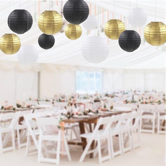 Paper Lanterns Party Decorations,12pcs Gold Black White Hanging Paper Lantern for for Wedding Graduation Anniversary Birthday Party Decorations