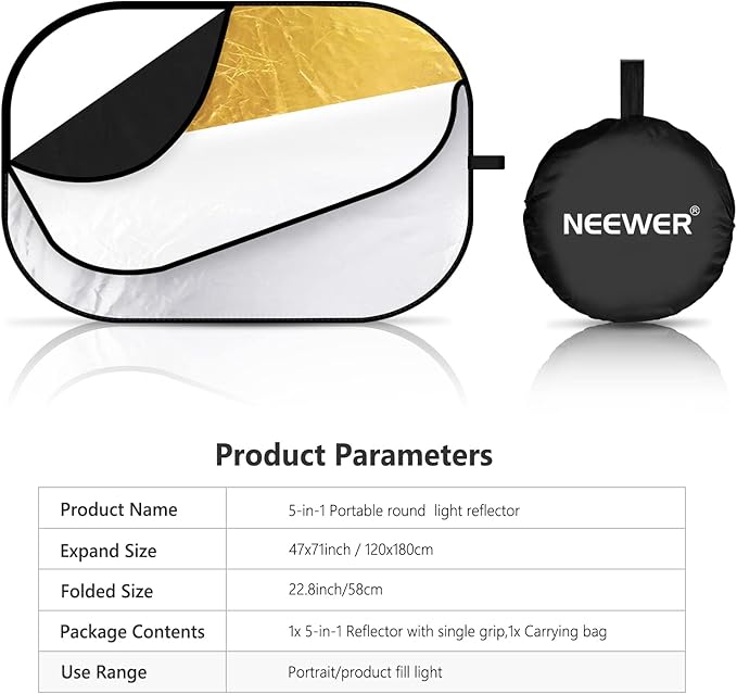 NEEWER 47"x71"/120x180cm Light Reflectors for Photography, Portable 5 in 1 Collapsible Multi Disc with Bag - Translucent, Silver, Gold, Black, White Diffuser for Studio and Outdoor Lighting