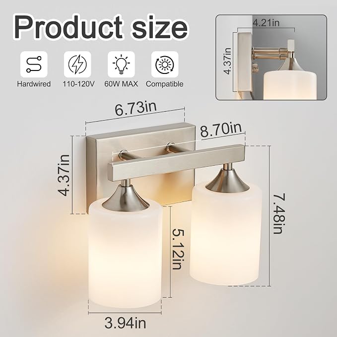 ZHU YAN 2-Light Bathroom Vanity Light,Brushed Nickel Bathroom Light Fixture,Milky White Glass Shades,Modern Bathroom Wall Lamp for Mirror Living Room Cabinet Bedroom E26 Socket