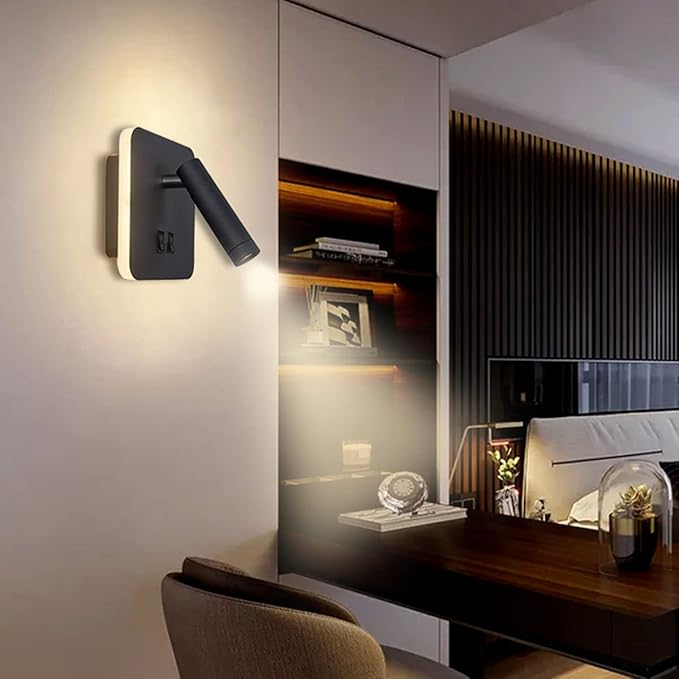 Wall Wash Light Black Bed LED with Interior Wall Adjustable Spotlight Reading lamp aluminio Wall lamp for Hallway Bedroom Stairs Hotels Indoor Bedside Lamp 3000K (3W + 10W)