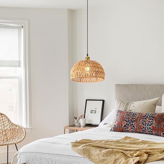 Hanging Lamps Rattan Pendant Light,Cord Bamboo Pendant Light Fixture Hanging Lamp Boho Ceiling Light Fixtures Farmhouse Pendant Lamp Shape for Living Room Bedroom Kitchen,30CM,E26 Base