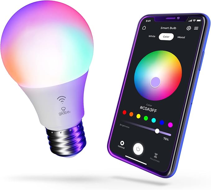 Globe Electric Wi-Fi Smart 10W LED Bulb, Multicolor RGB + Tunable White 2000K–5000K, A19 Shape, E26 Base, App + Voice Control, No Hub Required, 34212