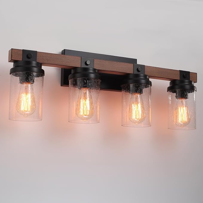 4-Light Farmhouse Vanity Lights Bathroom Lighting Fixtures Over Mirror | Faux Wood Rustic Wall Mount Light with Clear Seeded Glass Shade,Industrial Black Metal Wall Sconces for Bathroom Living Room