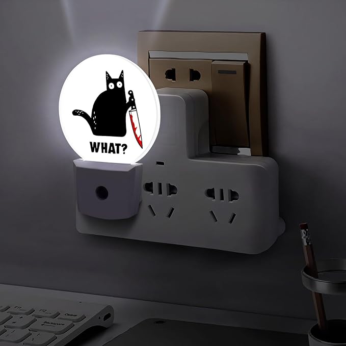 Round LED Night Light,Black Cat and Knife What LED Night Light Plug into Wall with Dusk to Dawn Light Sensor White Energy Efficient Nightlight for Bedroom Bathroom Hallway Living Room Kitchen