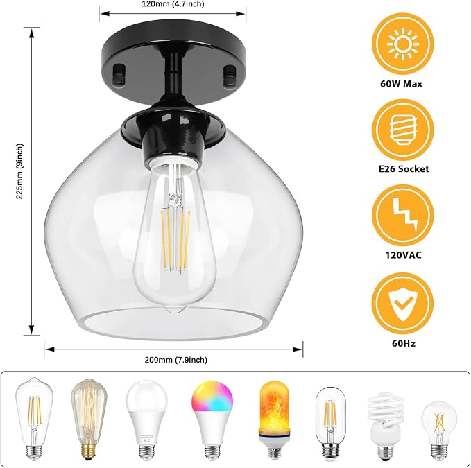 Modern Semi Flush Mount Ceiling Light with Clear Glass Shade, Black | Quick & Easy Installation, Premium Quality, Perfect for Hallway Kitchen Entryway Laundry
