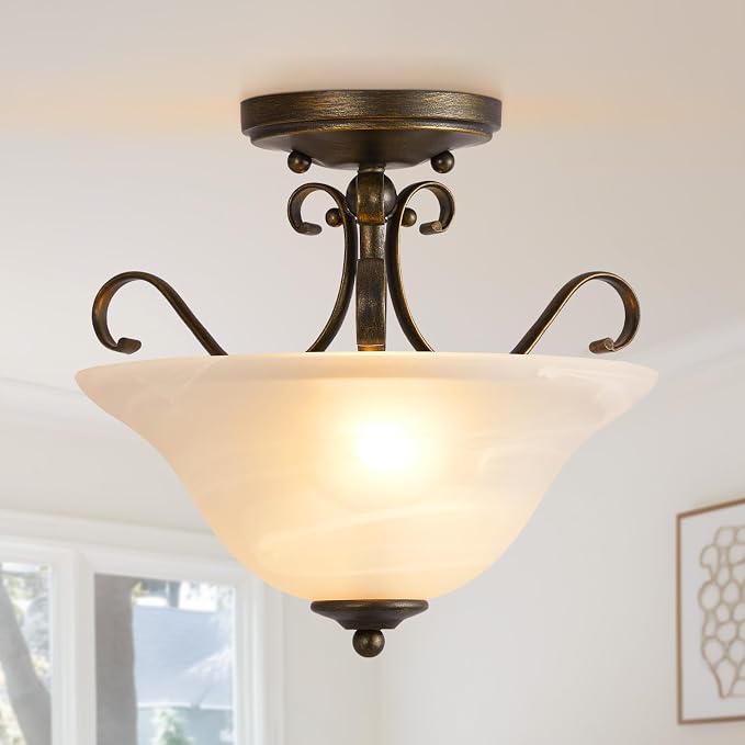 Luvkczc Upgrade 12" Semi Flush Mount Ceiling Light, Brass Ceiling Light Fixture, Mid Century Ceiling Light, Glass Close to Ceiling Light for Bedroom Kitchen Porch Hallway, Bulbs Not Included