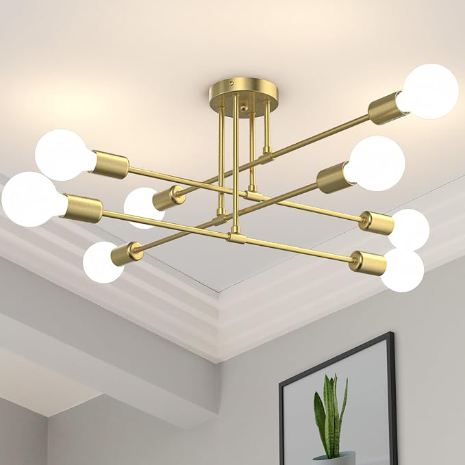 Modern Sputnik Chandelier Ceiling Light Fixtures, 8-Lights Mid Century Industrial Metal Semi Flush Mount for Dining Room, Bedroom, Living Room-Brushed Gold