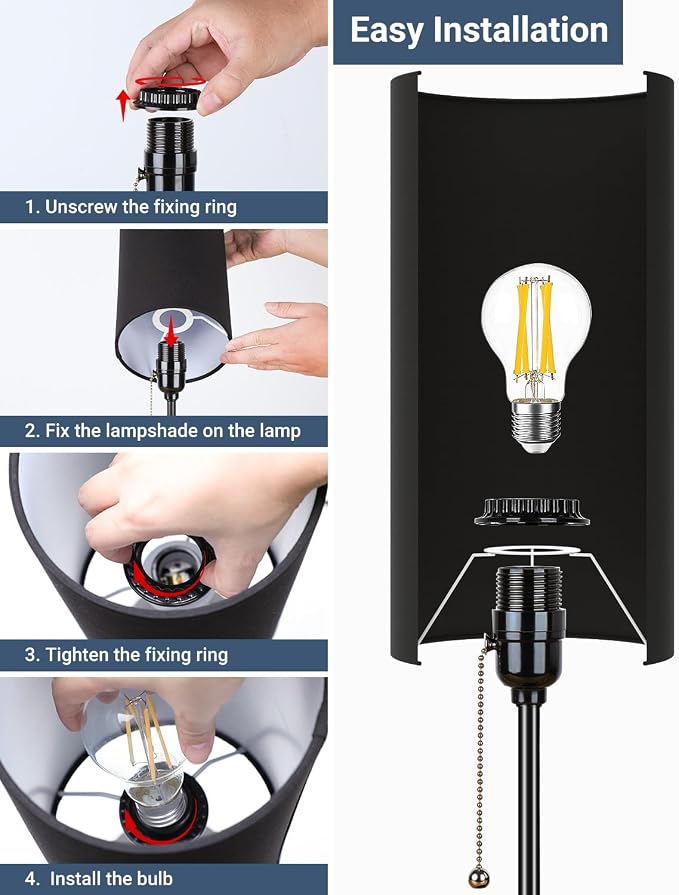 Small Table Lamps Set of 2 Desk Lamps for Living Room 3 Way Dimmable Black Nightstand Lamps with Metal Base Fabric Shade | Pull Chain Bedside Lamps for Bedrooms 18.5 Inches Lamp (Bulbs Included)