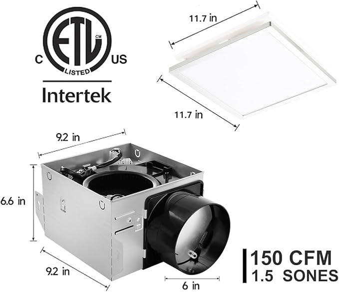 Tech Drive Modern Nickel Bathroom Exhaust Fan with Light - 150 CFM, 1000lm Dimmable 5CCT LED Light with Night Light Selectable, 6-Inch Duct Quiet 1.5sone, Decorative Nickel Trim, Easy to Install