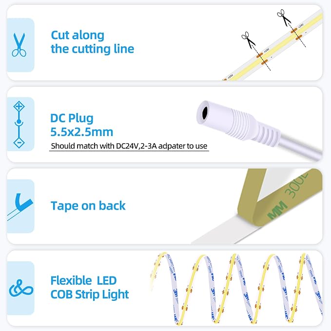 LED Strip Lights 24V COB Warm 3000K 16.4ft/5M (No Power Supply) | Super Bright, Dotless High Density 14W/m, 8mm Width Cuttable Flexible, Home DIY & Commercial Lighting