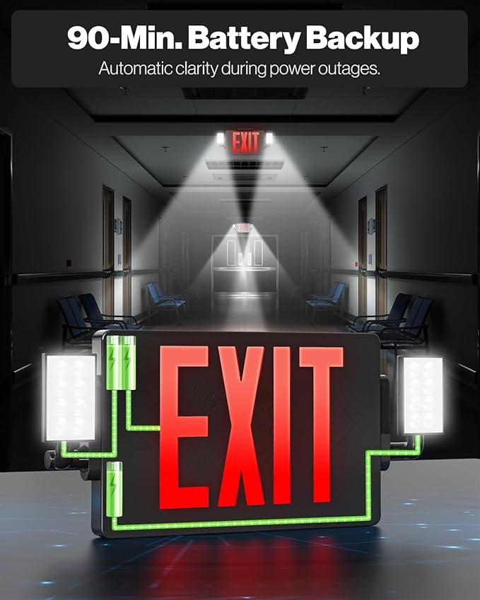 Sunco 6 Pack Black Exit Signs With Emergency Lights, Two Adjustable LED Lights, 94V-0 Fire Resistant, Backup Battery, 120-277V, Wall Or Ceiling Mount, Commercial Grade UL.