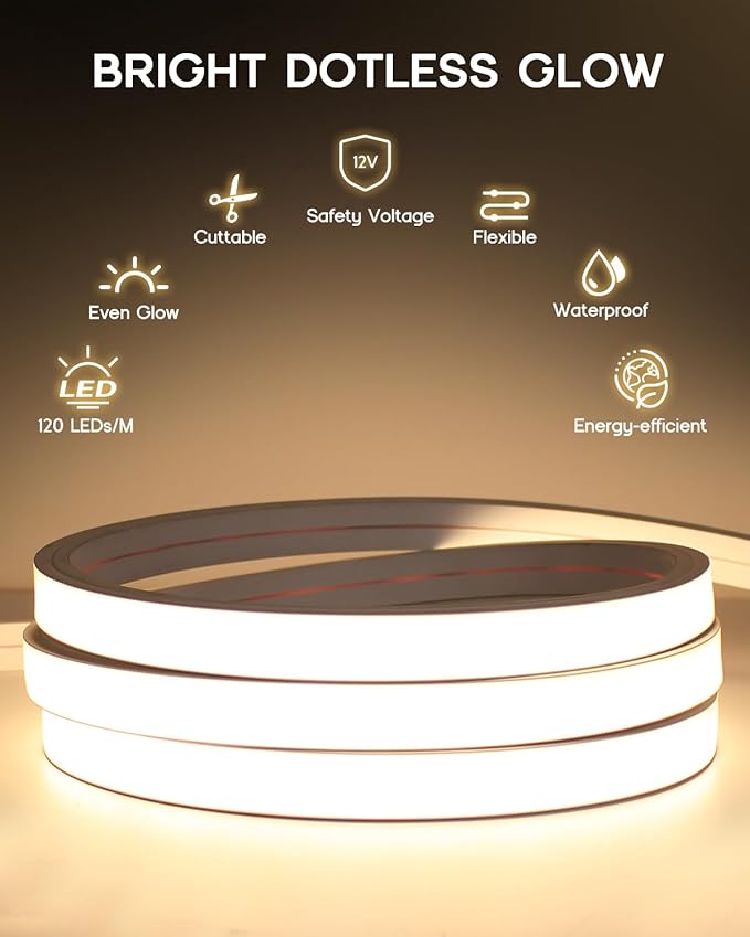 LED Strip Lights Daylight White 6000K,9.8ft 12V Neon Rope Lights,Flexible Silicone Outdoor Waterproof Neon Strip Lights for Mirror,Kitchen,Cabinet,DIY Lighting(Power Supply Not Included)