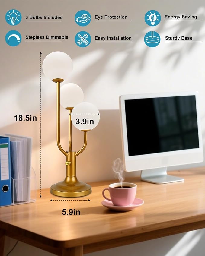 Globe Gold Table Lamp for Bedroom Gift Dimmable G9 Bulbs Included | Modern Round Ball Lamp Nightstand Desk Lamp Warmwhite Ambient Night Light Bedside Lamps for Living Room Party Home Decor Gift