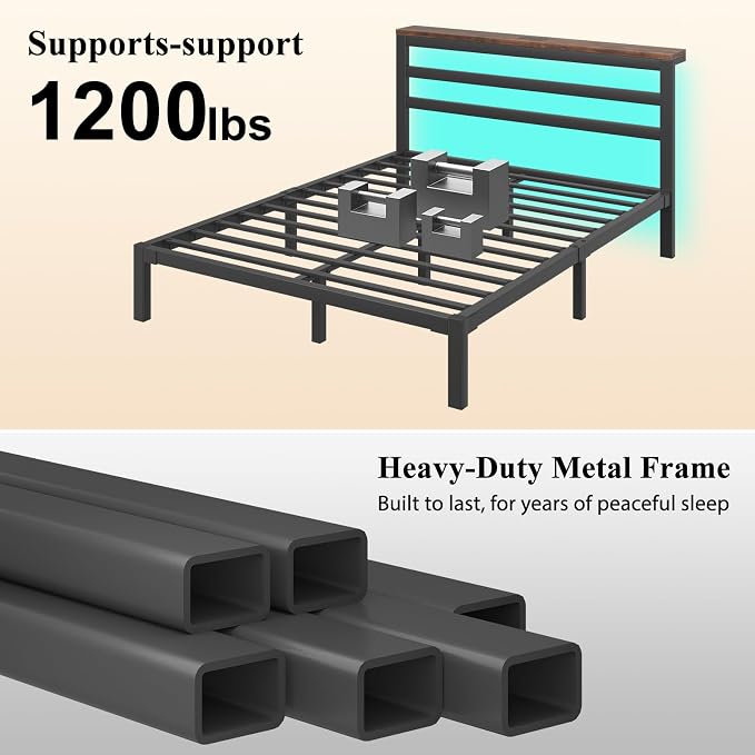 Queen Size Metal Bed Frame with Storage Headboard & LED Lights, Black | Built-In Charging Station, Under-Bed Storage, Heavy Duty Metal Slats, No Box Spring Needed, Solid and Stable, Easy Assembly