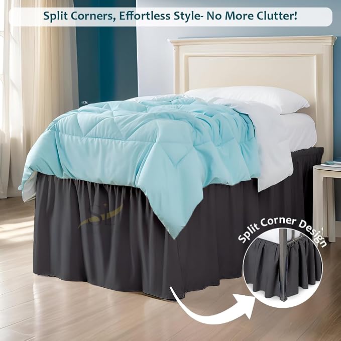 Dorm Bed Skirt Twin XL, 32 Inch-Drop, 100% Microfiber Extra Long Bedskirt, Dark Grey