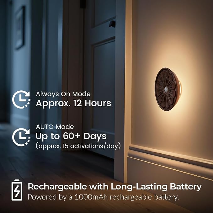 Wood Flower Night Light, Rechargeable Motion Sensor Light | 3D Flower Surface, USB-C Rechargeable, Backlit Warm Light, Magnetic Light for Stair, Home Decor Lighting, Black Walnut
