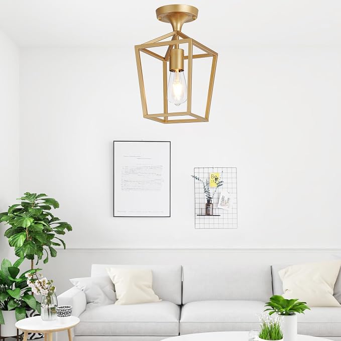 【Upgraded】Semi Flush Mount Ceiling Light,Gold Industrial Ceiling Light Fixtures, Farmhouse Light Fixture for Hallway Stairway Garage Living Room Dining Room Balcony（Not waterproof, Not for Outdoor）
