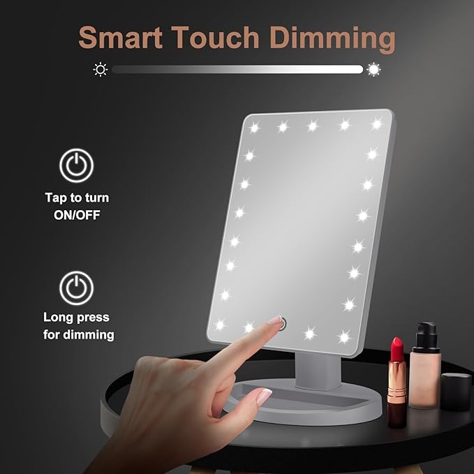 COSMIRROR Lighted Makeup Vanity Mirror with 10X Magnifying Mirror, 21 LED Lighted Mirror with Touch Sensor Dimming, 180°Adjustable Rotation, Dual Power Supply, Portable Cosmetic Mirror (White)