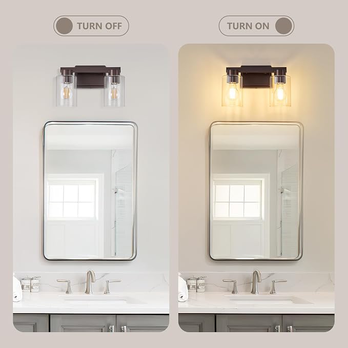 2-Light Bathroom Light Fixtures with Clear Glass, Oil Rubbed Bronze | Vanity Lights, Modern Wall Sconces, Over Mirror for Bathroom, Powder Room, Living Room