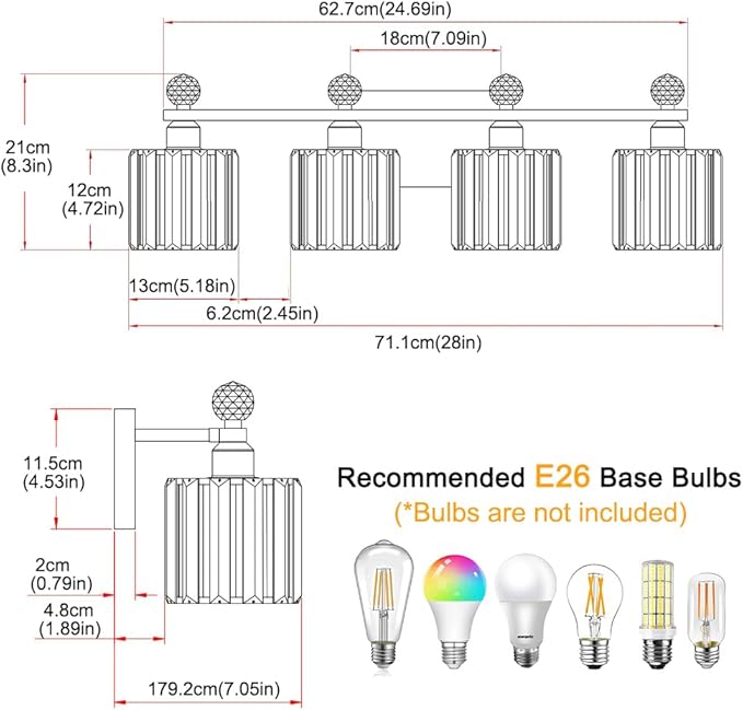 Modern Crystal Bathroom Vanity Light, 4-Lights Bathroom Light Fixtures, Brass Gold Vanity Lighting Fixtures Over Mirror, Brushed Wall Sconce Light for Bedroom, Kitchen, Living Room, Gallery, E26 Base