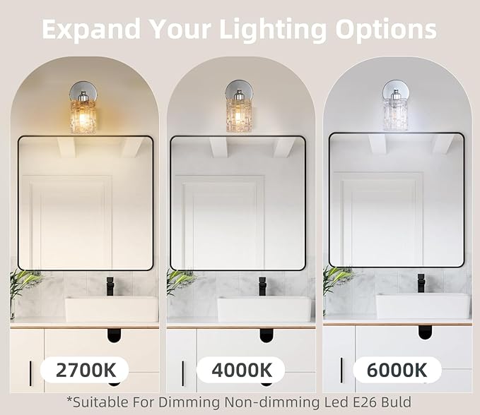 Modern 1-Light Crystal Vanity Light, Chrome Bathroom Light Fixture Over Mirror, Wall Mount for Bathroom, Bedroom, Living Room, Hallway