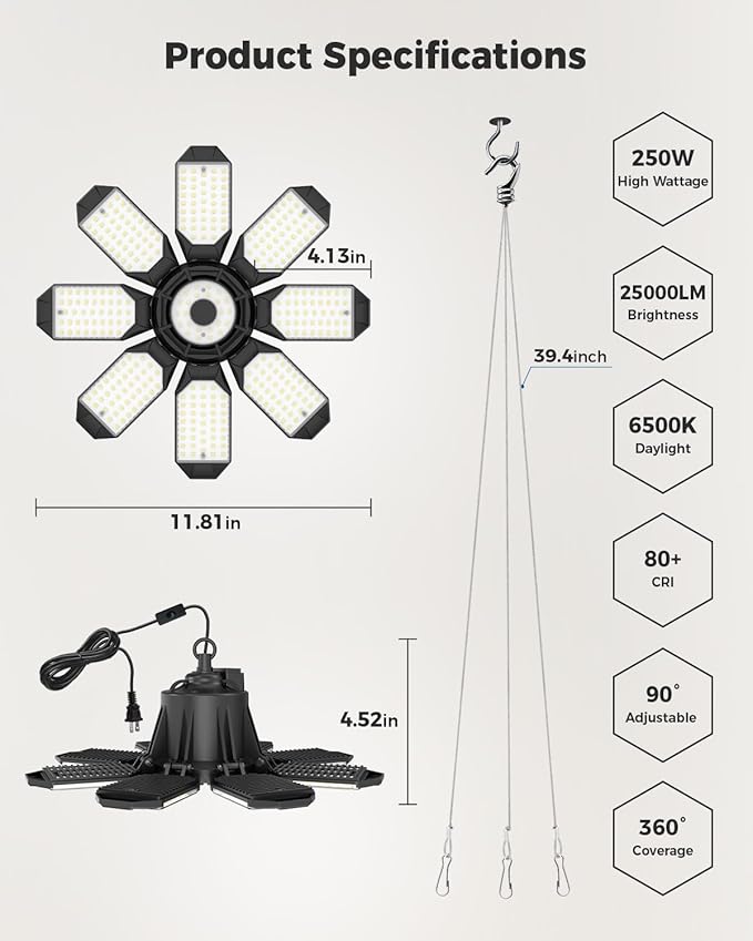Plug in Garage Light 2 Pack, 25000LM Linkable LED Shop Light with 9.84ft Power Cord and Switch, 8 Foldable Panels, 6500K Work Lights for Garage, Workshop, Utility Room (Built-in Outlet)