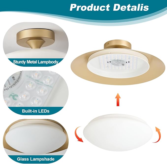 YURNYQ Dimmable Modern LED White and Gold Ceiling Light Fixture 15.75 in | Glass Shade Kitchen Semi Flush Mount Ceiling Light Fixture,5CCT In One Light Fxiture for Hallway Bedroom Laundry Room Foyer