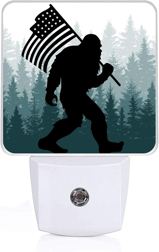 Bigfoot American Flag Night Light, Plug-into Wall Green Misty Forest Nightlight Lamp with Dusk to Dawn Sensor, Led Lamp 0.5W Energy Efficient for Boys Girls Adults Home Decor
