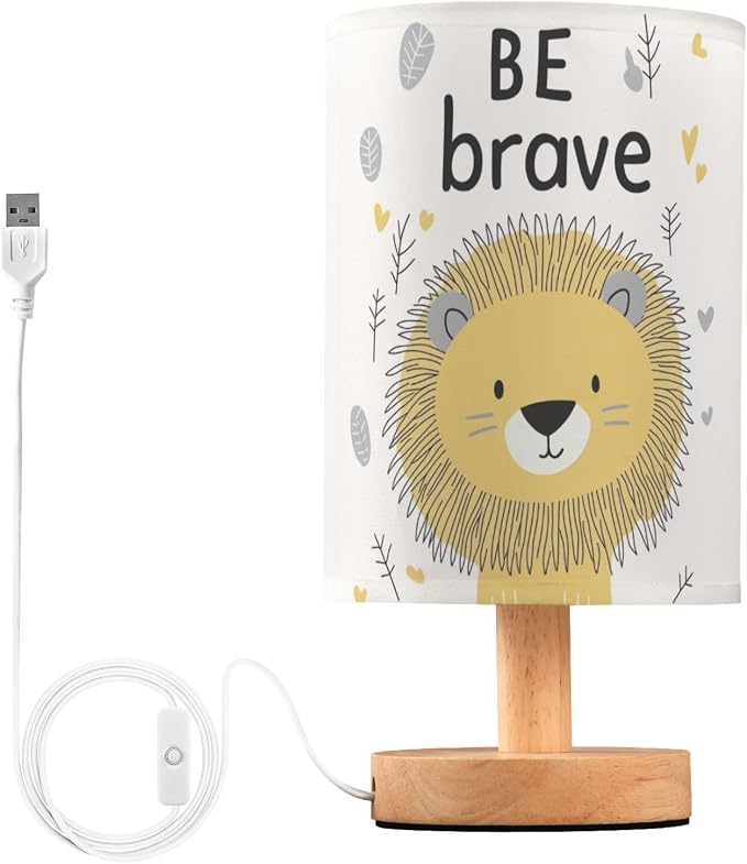 Be Brave Cute Lion Positive Inspirational Bedside Table Lamps with USB Port for Bedroom LampSmall Nightstand Lamp Sturdy Linen Shade Wooden Base Decorative Lamps for Nursery Kids Reading Dorm Home