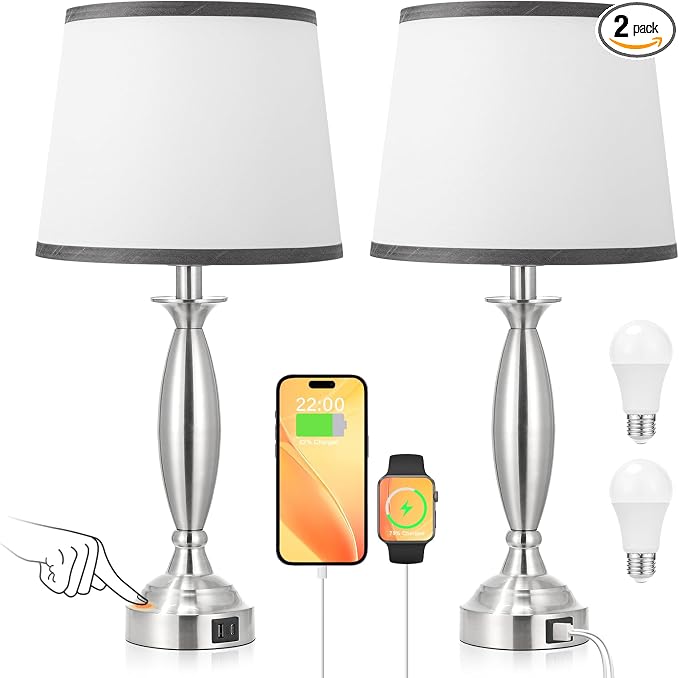 Bedroom Lamps for Nightstand, 3 Way Dimmable Silver Bedside Lamps with USB | Touch, USB C+A Ports, Bulb Included, Grayish-white Shade, Silver, Chrome, Bed Side lamps for Night Stands, Living Room