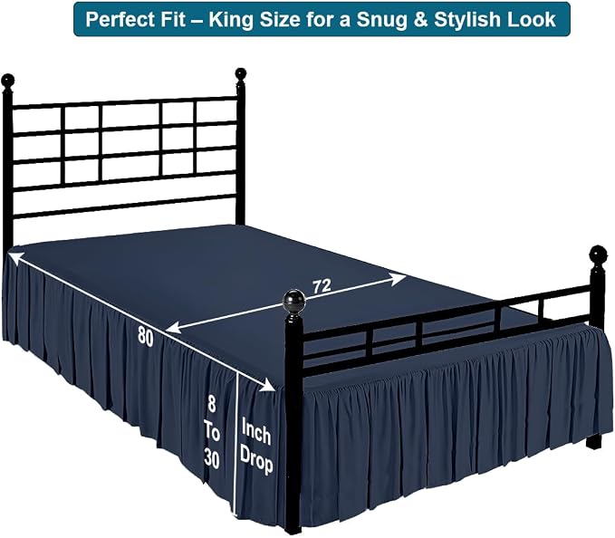 Shreem Linen Ruffled Bed Skirt with Split Corners, Gathered Style, 100% Microfiber, 15-Inch Drop, Dust Ruffle Bedskirt with Platform, King, Navy Blue