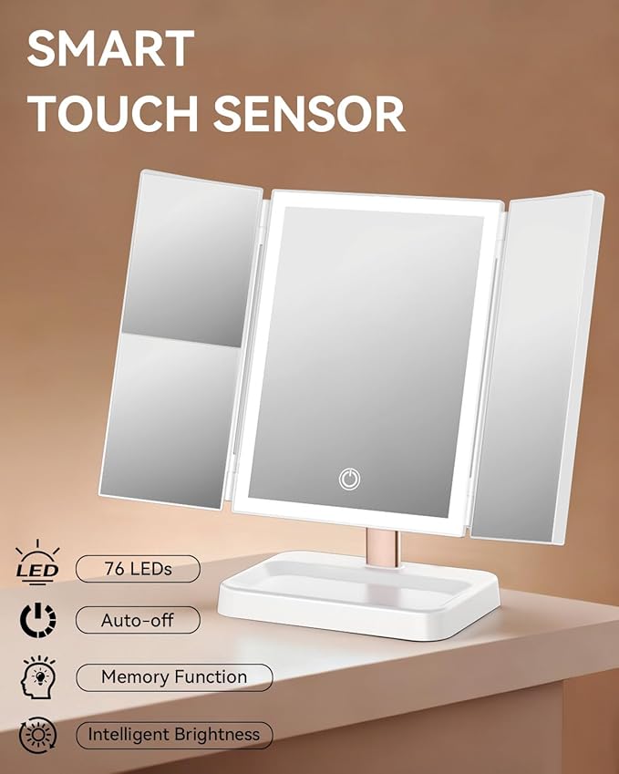 9 x 14 in Trifold Makeup Mirror with Lights, 1X/2X/3X, White | 76 LEDs with three color modes, touch dimming and a 2400mAh rechargeable battery for cordless tabletop use