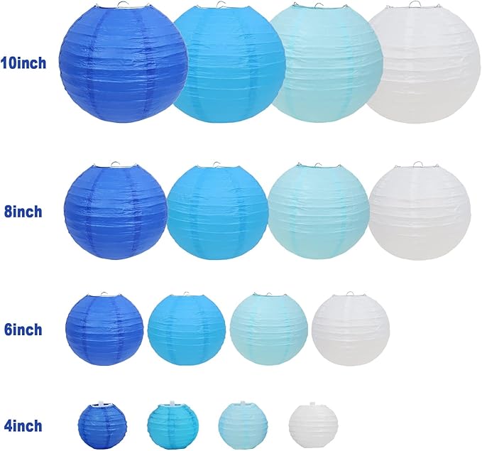 LURICO 16 Pcs Blue/White Paper Lanterns (Size of 4”, 6”, 8”, 10”) - Chinese/Japanese Paper Hanging Decorations Ball Lanterns Lamps for Home Decor, Parties, and Weddings