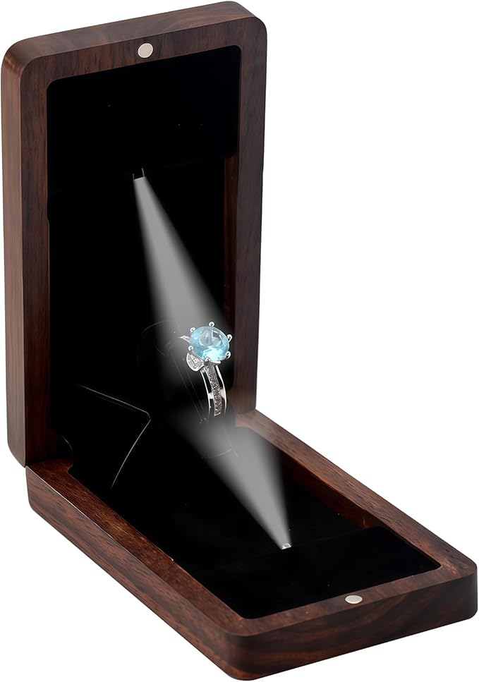 Wooden Engagement Ring Box For Proposal Valentine's Day Jewelry Gift Box Wood Rotating Wedding Day Ring Box With Led Light Gift Packaging(Black Walnut)
