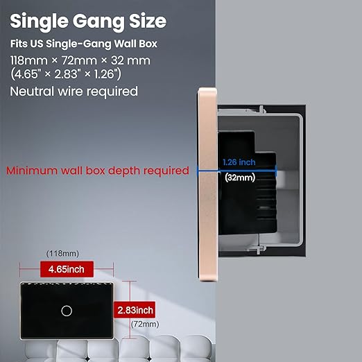 WiFi Energy Monitoring Smart Light Switch,Single Pole 1-Button,Neutral Wire Required,2.4GHz,Compatible with Alexa,Tuya/Smart Life App,Single-Gang,Aluminum Frame 2.5D Glass Panel,Black