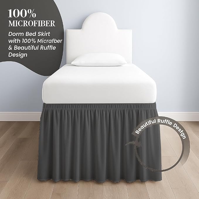 Cottingon Dorm Bed Skirt Twin XL 46" with Split Corners, 100% Microfiber Soft and Stylish, College Room Essential, Extra Long Dust Ruffle for Extended Beds, Dark Grey