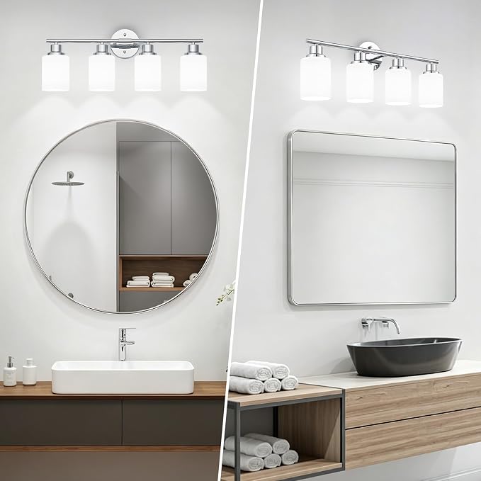 4-Light Chrome Vanity Lights for Mirror, Bathroom Light Fixtures with Textured Milky White Glass Shade, Modern Kitchen Light Fixtures Wall Sconce Light