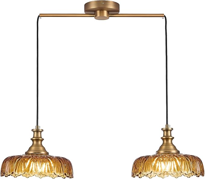 HDDFL Vintage Pendant Lighting Fixtures Modern Glass Hanging Lamp with Adjustable Cord for Kitchen Island Dining Room Hallway 2 Light Brass and Amber