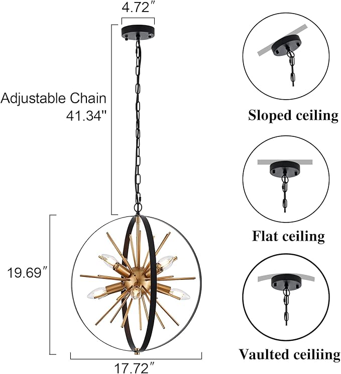 17.7" Black Gold Globe Sputnik Chandelier, 8-light Mid Century Modern Industrial Starburst Golden Satellite Pendant Light Fixture for Entryway Stairway Kitchen Dining Living Room Hallway, E12