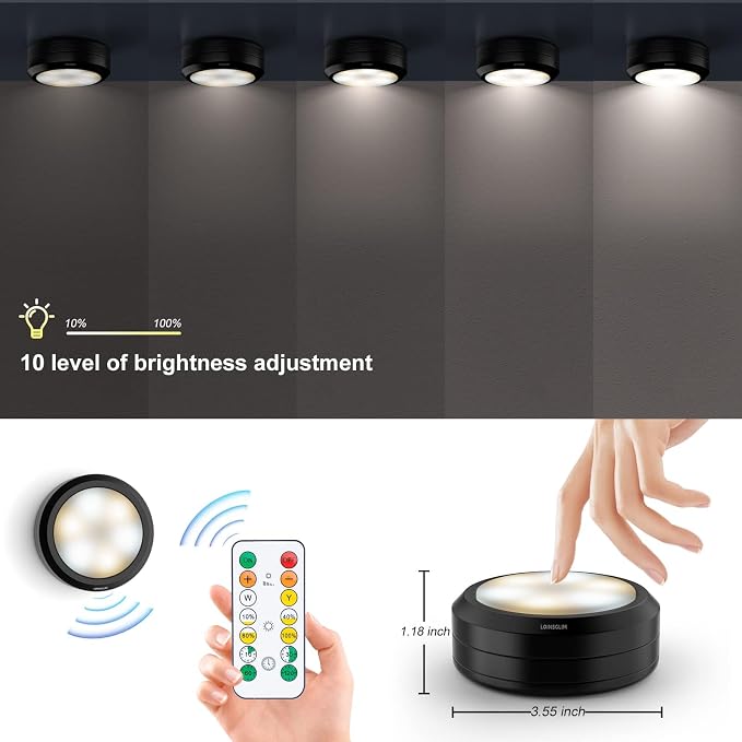Puck Lights with Remote Control, Wireless LED Puck Light for Kitchen,Battery Operated Under Cabinet Lights, Under Counter Lighting Dimmable, Stick On Lights for Closet Black (6pack)