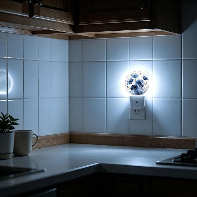 Night Light Watercolor Blue Flower Night Lights Plug into Wall Auto on/off | Tulip Floral Plug-in Night Light with Dusk to Dawn Sensor, Energy Saving Nightlight for Hallway Kitchen Living Room