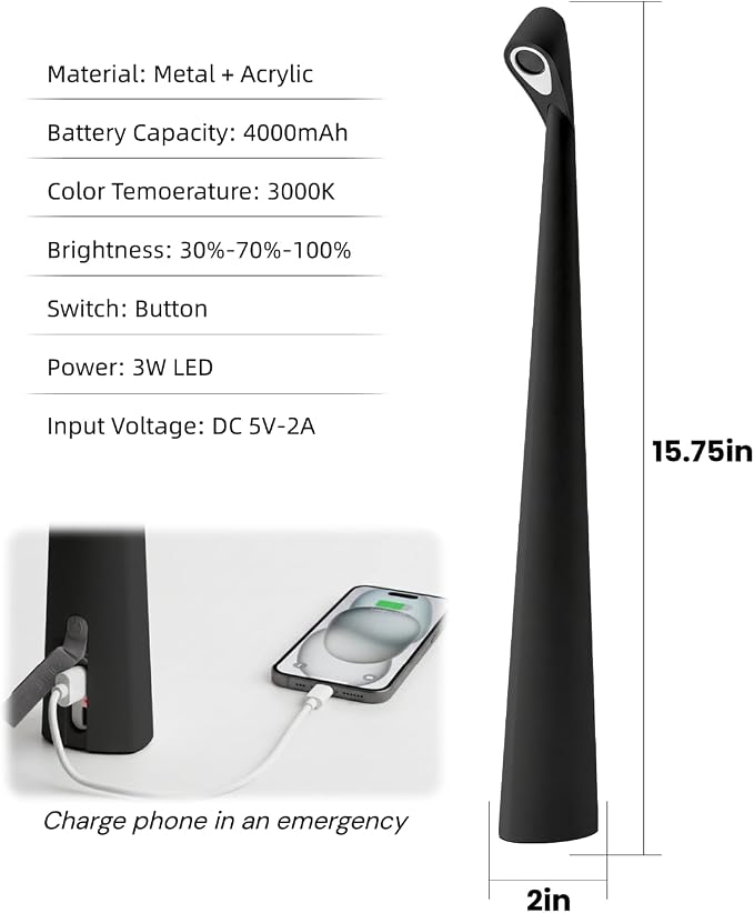 Cordless LED Table Lamp, 4000mAh Rechargeable Portable Desk Lamp, 3-Level Brightness, Bedside Night Light, Ambient Reading Light for Restaurant, Bedroom, Outdoor Camping, Night Light, Black