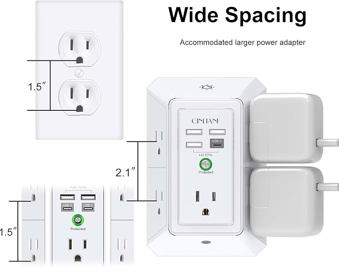 3-Sided Outlet Extender with Night Light - QINLIANF Multi Plug Outlet with 5 Outlets and 4 USB Ports(1 USB-C), USB Wall Charger for Home, Office, Travel, ETL Listed, White