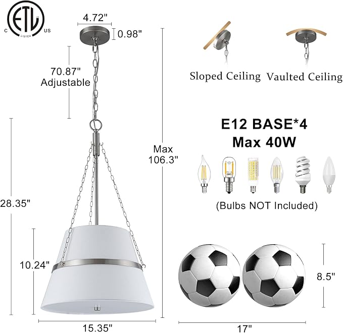 15" Brushed Nickel Drum Chandelier, Linen Pendant Light for Kitchen Island | Modern Transitional, White Linen Shade, 3 Side Chains, 4-Light, for Dining Room, Breakfast Nook, Adjustable Height, 15"W×28"H