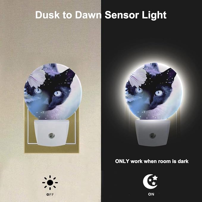 EKOBLA Kitten Animal LED Night Light Black Cat Hiding Behind White Flowers Dusk to Dawn Plug-in Nightlights Auto Sensor for Home Indoor Bathroom Hallway Kitchen